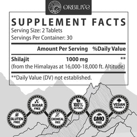 Détail des ingrédients des tablettes Shilajit ORBILIVE