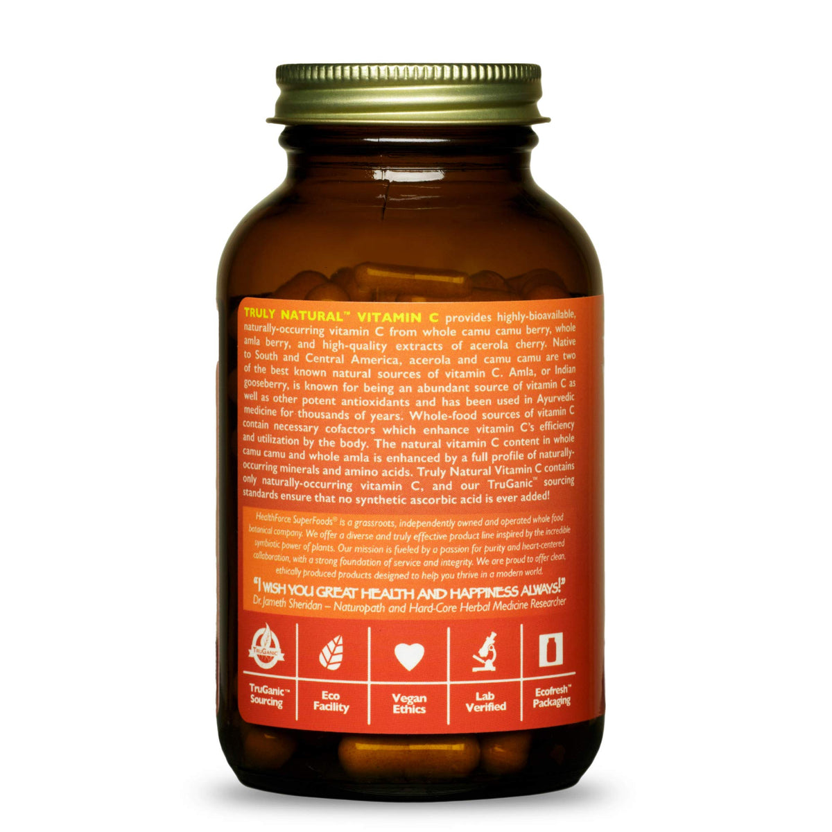 Détail des ingrédients naturels dans le flacon de Vitamine C HEALTHFORCE SUPERFOODS