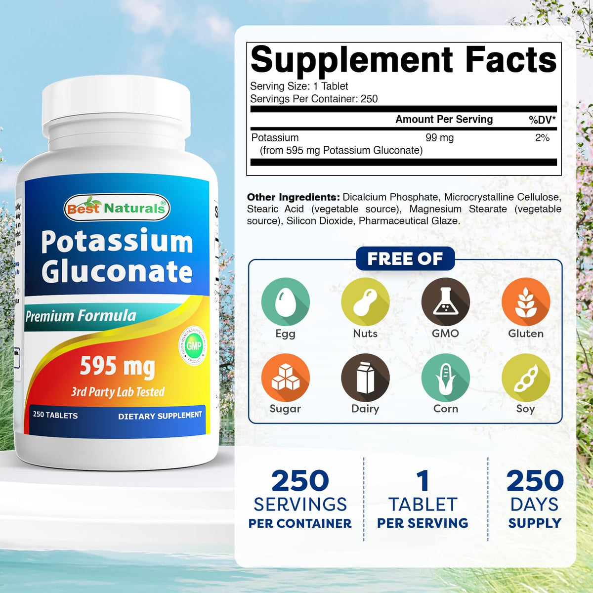Détail des ingrédients sur l'étiquette du complément potassium gluconate Best Naturals