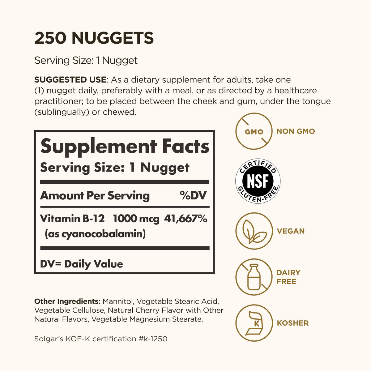 Détail des nuggets Solgar B12 1000 mcg