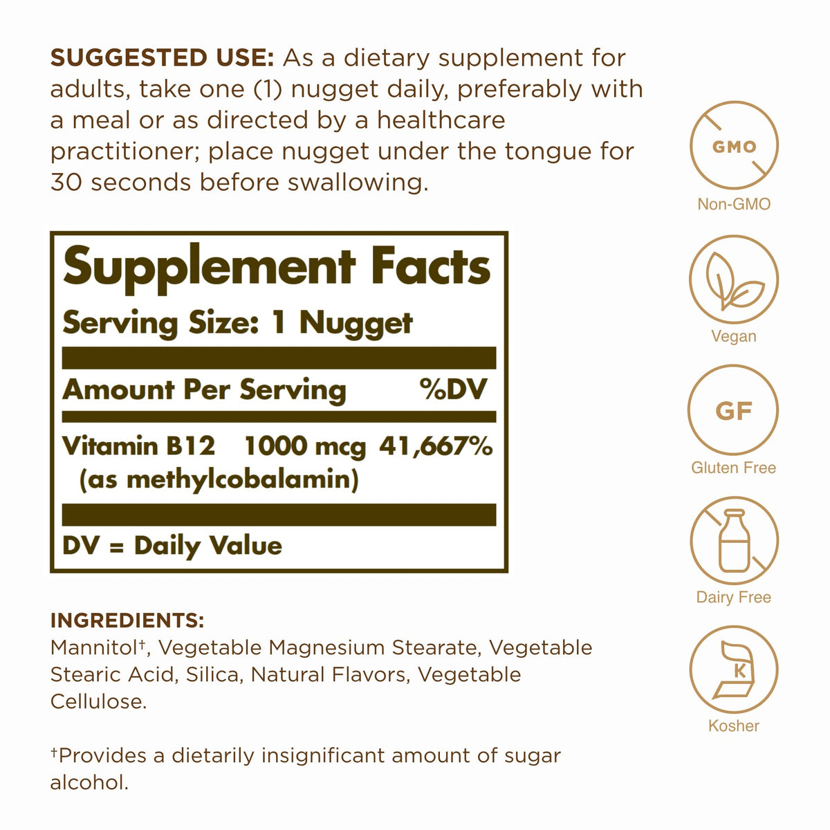 Détail des nuggets sublinguaux de vitamine B12 Solgar