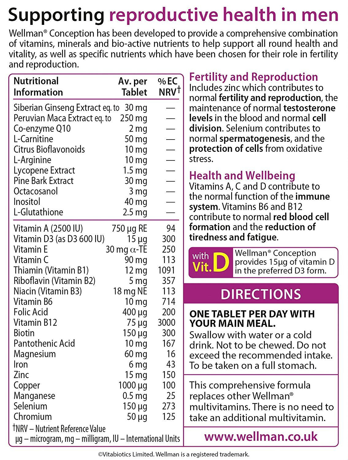 Détail des nutriments dans les tablettes Vitabiotics Wellman Conception