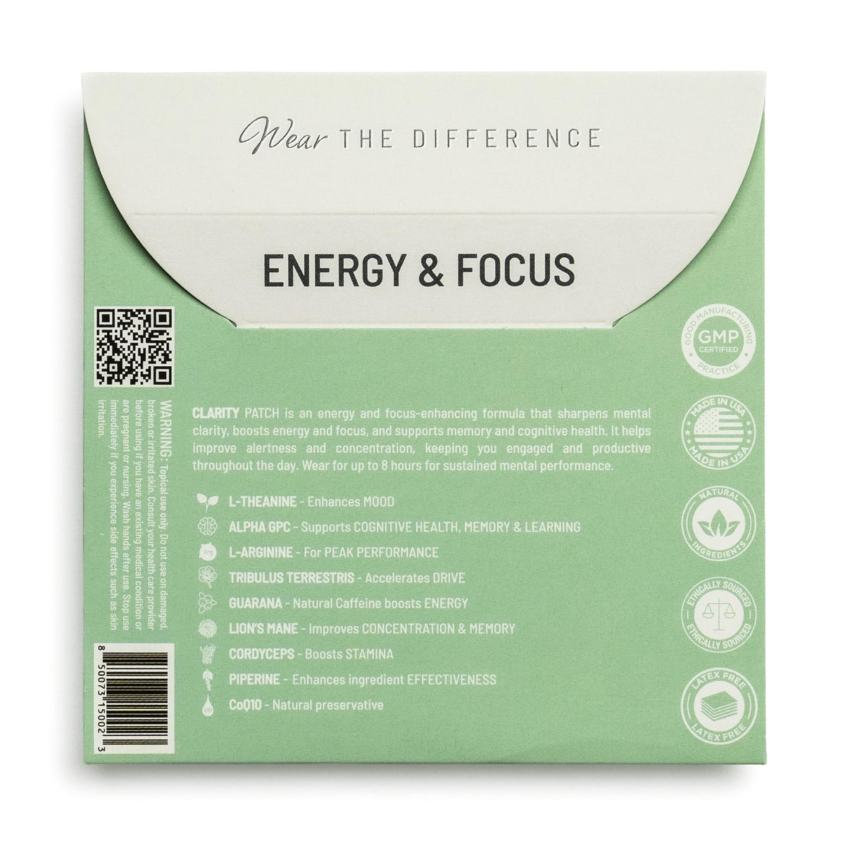 Détail des patches Clarity Wear Wellness sur fond blanc