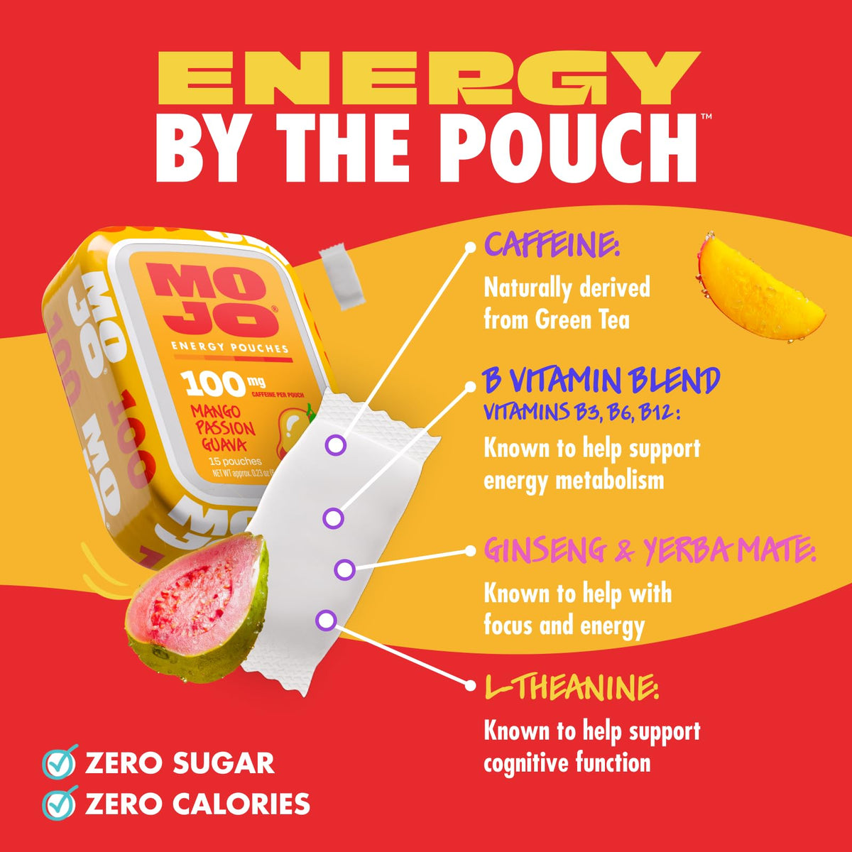 Détail des poches énergétiques MOJO avec caféine, saveur Mangue Passion Guava