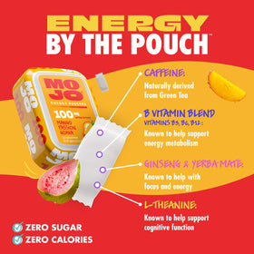 Détail des poches énergétiques MOJO avec caféine, saveur Mangue Passion Guava