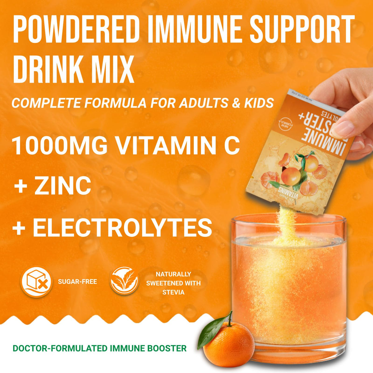 Détail des sachets de poudre de vitamine C avec zinc, saveur mandarine