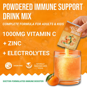 Détail des sachets de poudre de vitamine C avec zinc, saveur mandarine