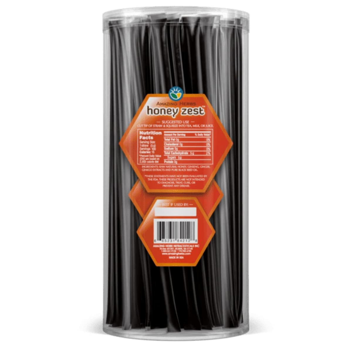 Détail des sticks de miel Amazing Herbs, infusés d'huile de graine noire