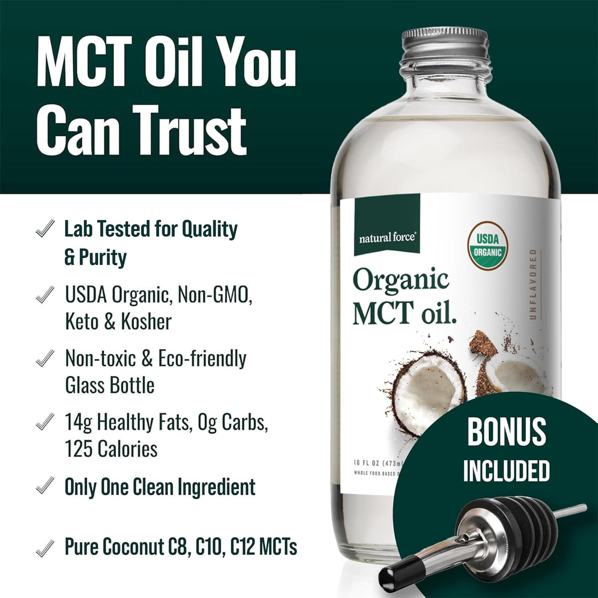 Détail du bouchon en aluminium de l'huile MCT bio Natural Force