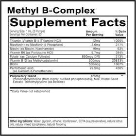 Détail du bouchon et de l'étiquette du Methyl B Complex Quicksilver Scientific