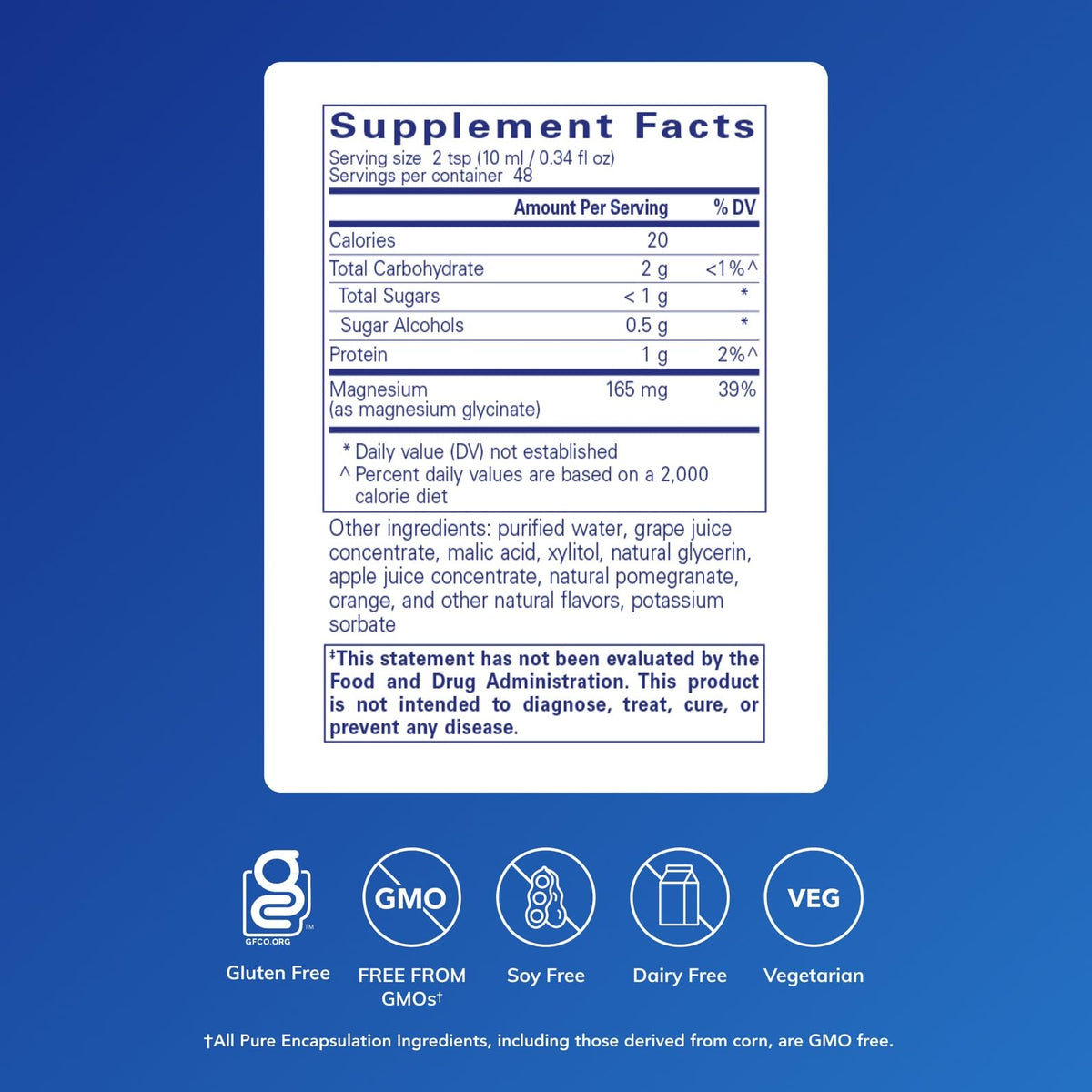 Détail du bouchon et étiquette du magnésium glycinate liquide Pure Encapsulations