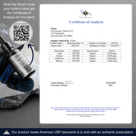 Détail du certificat d'analyse du Méthylène Bleu Générique
