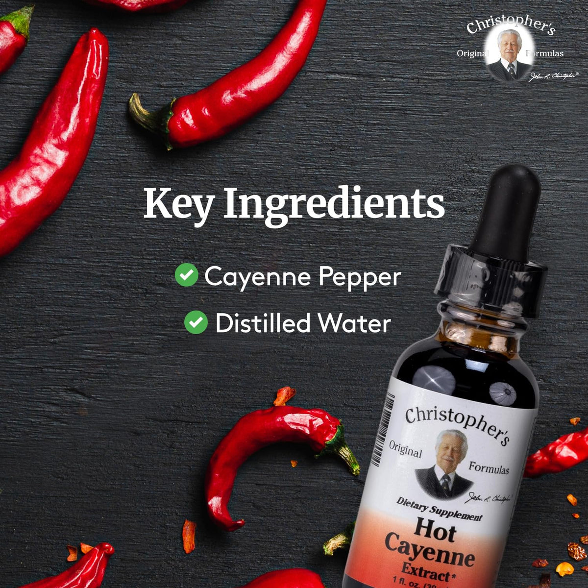 Détail du compte-gouttes de l'extrait de cayenne