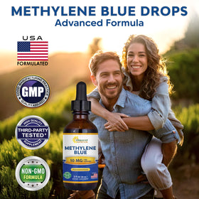 Détail du compte-gouttes du flacon de bleu de méthylène 10mg