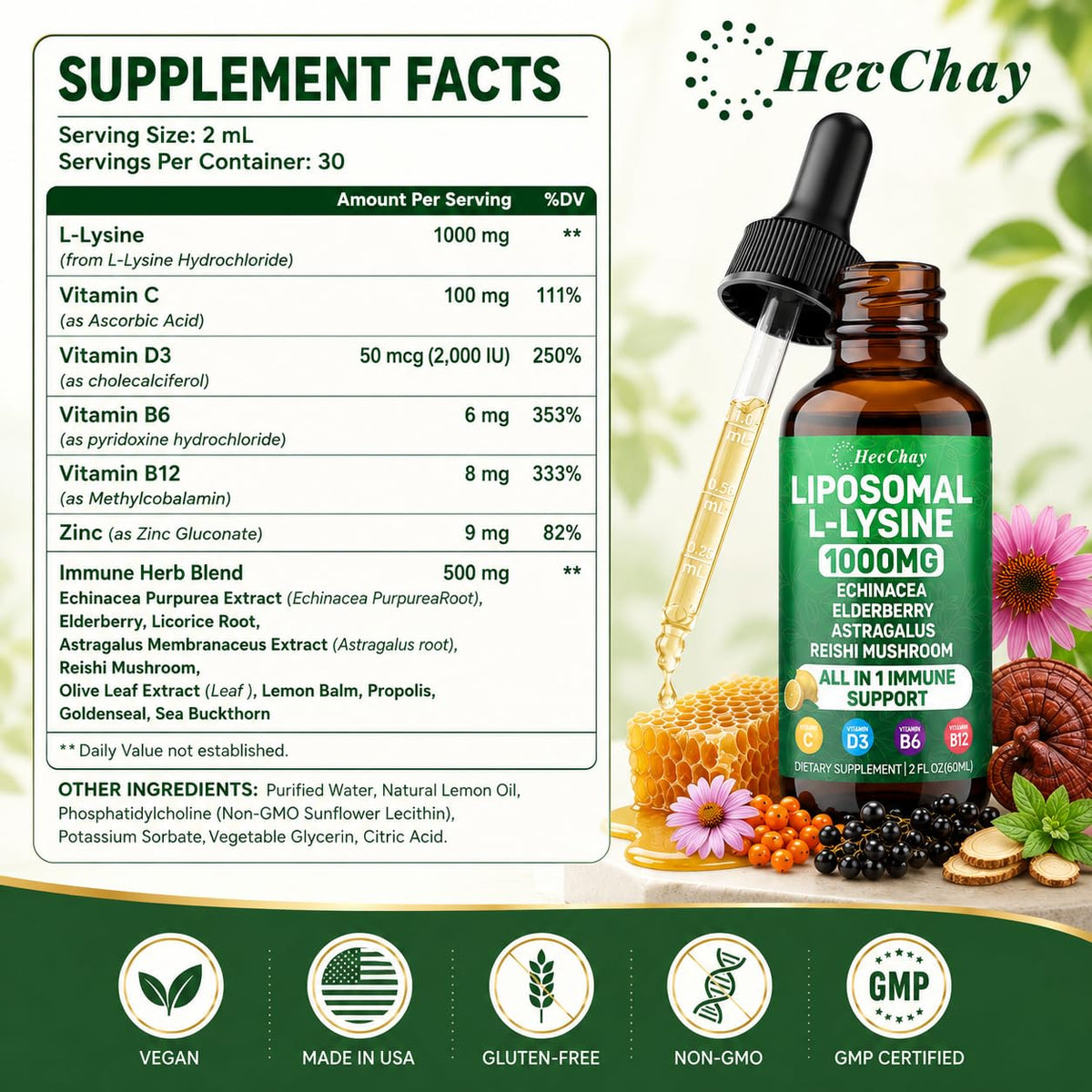 Détail du compte-gouttes du flacon de L-Lysine Liposomale HevChay