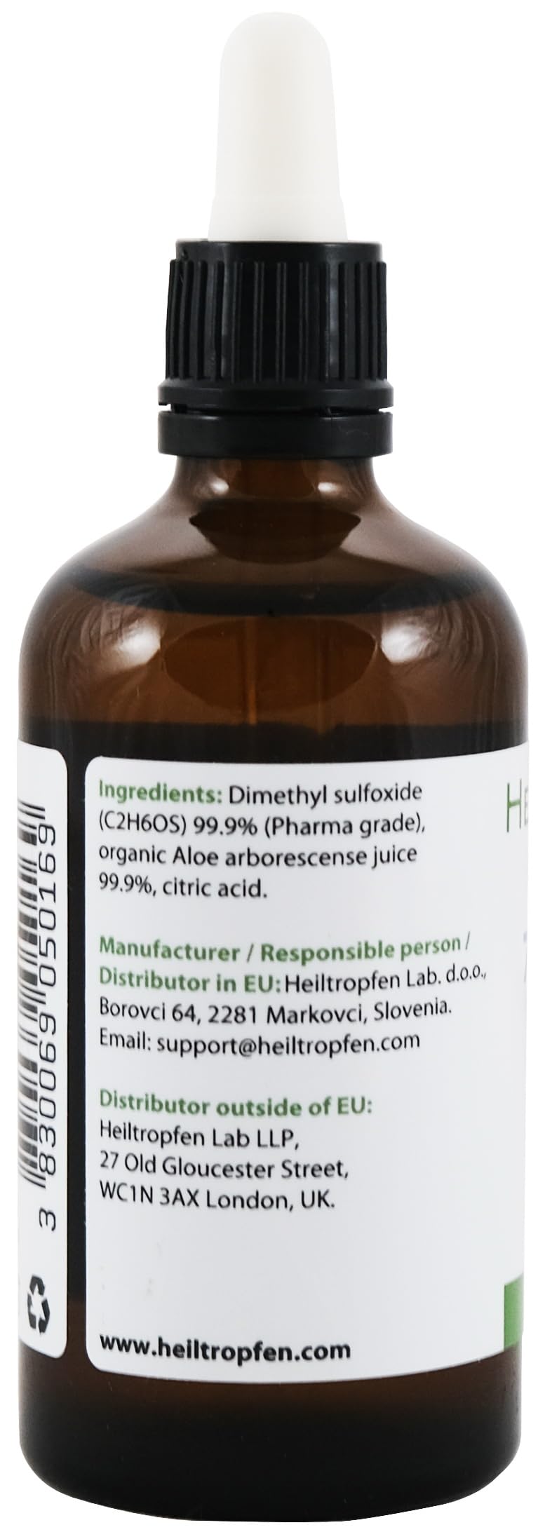Détail du compte-gouttes en verre de la bouteille Heiltropfen