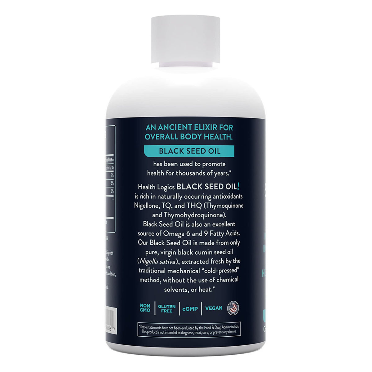 Détail du flacon d'huile de graines noires Health Logics