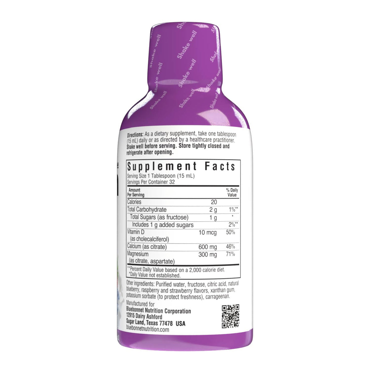 Détail du flacon de Calcium Citrate liquide BlueBonnet avec étiquette