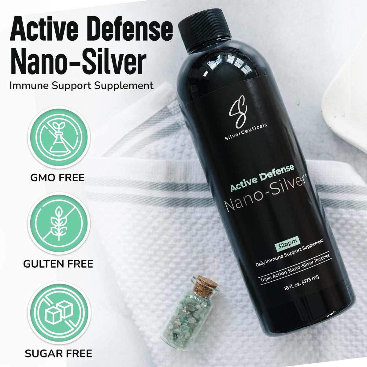 Détail du flacon de colloïde d'argent SilverCeuticals 32ppm avec étiquette