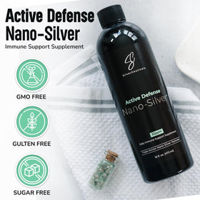 Détail du flacon de colloïde d'argent SilverCeuticals 32ppm avec étiquette