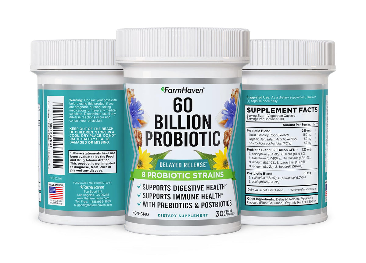 Détail du flacon de FarmHaven Probiotique 60B CFU