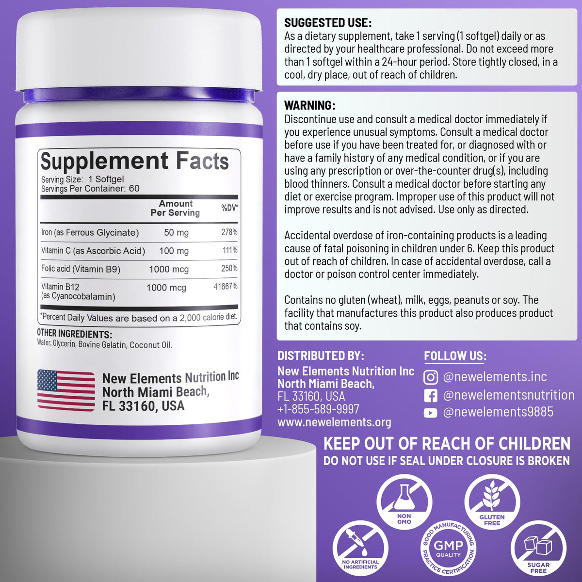 Détail du flacon de Fer Glycinate 50mg New Elements