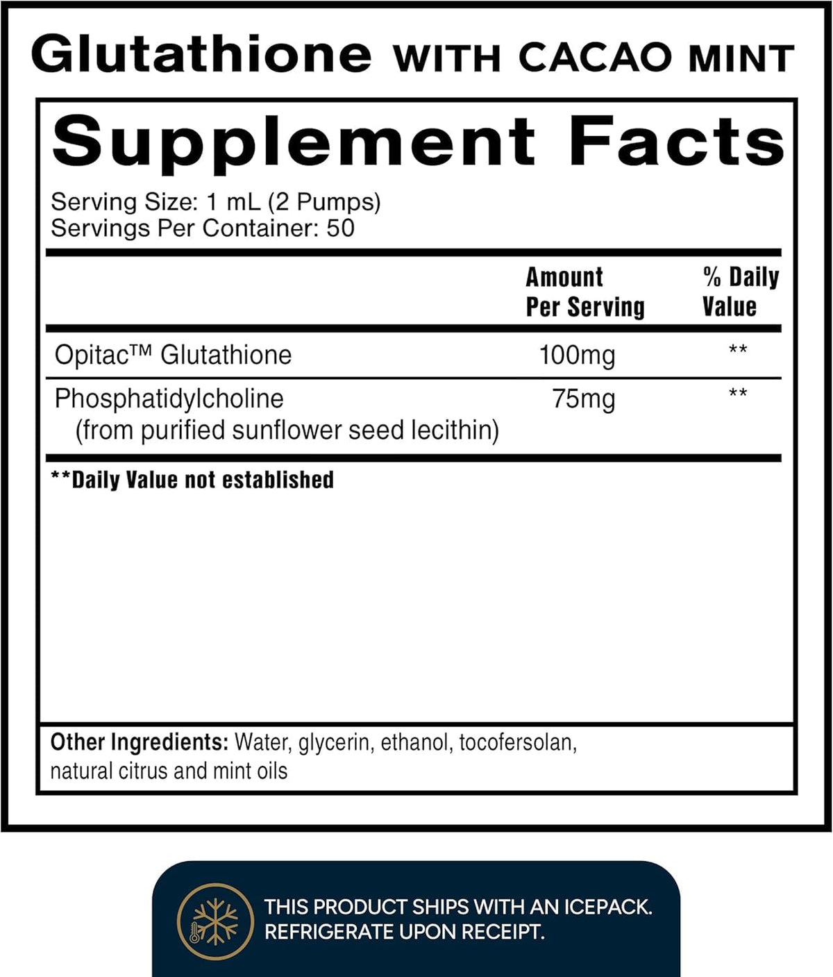Détail du flacon de Glutathione Liposomal Quicksilver avec goût Cacao Mint