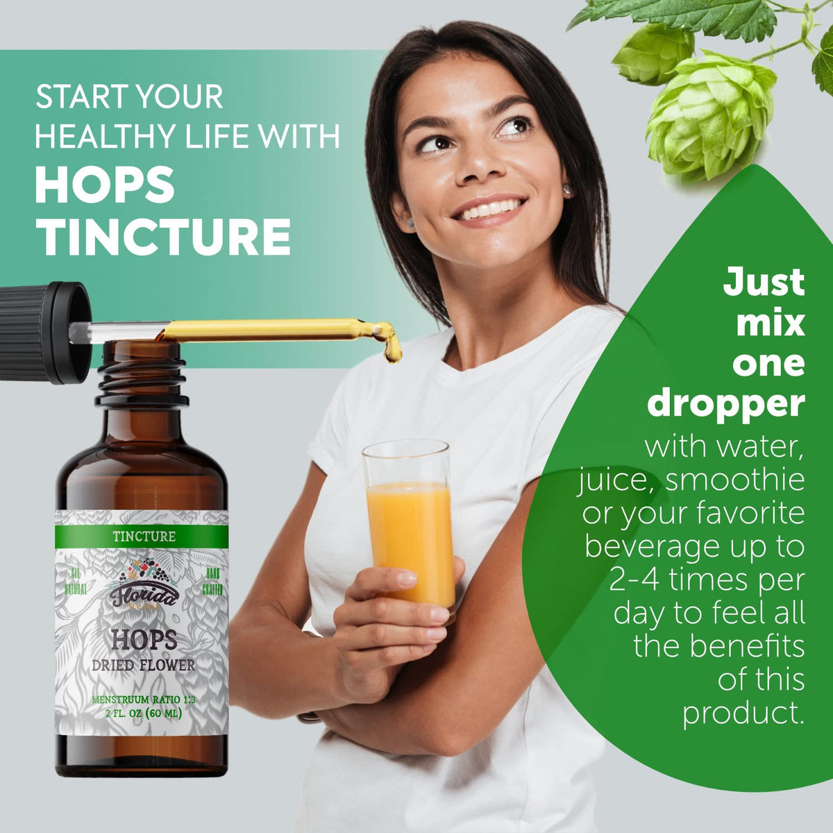 Détail du flacon de Teinture de Houblon Bio FLORIDA HERBS