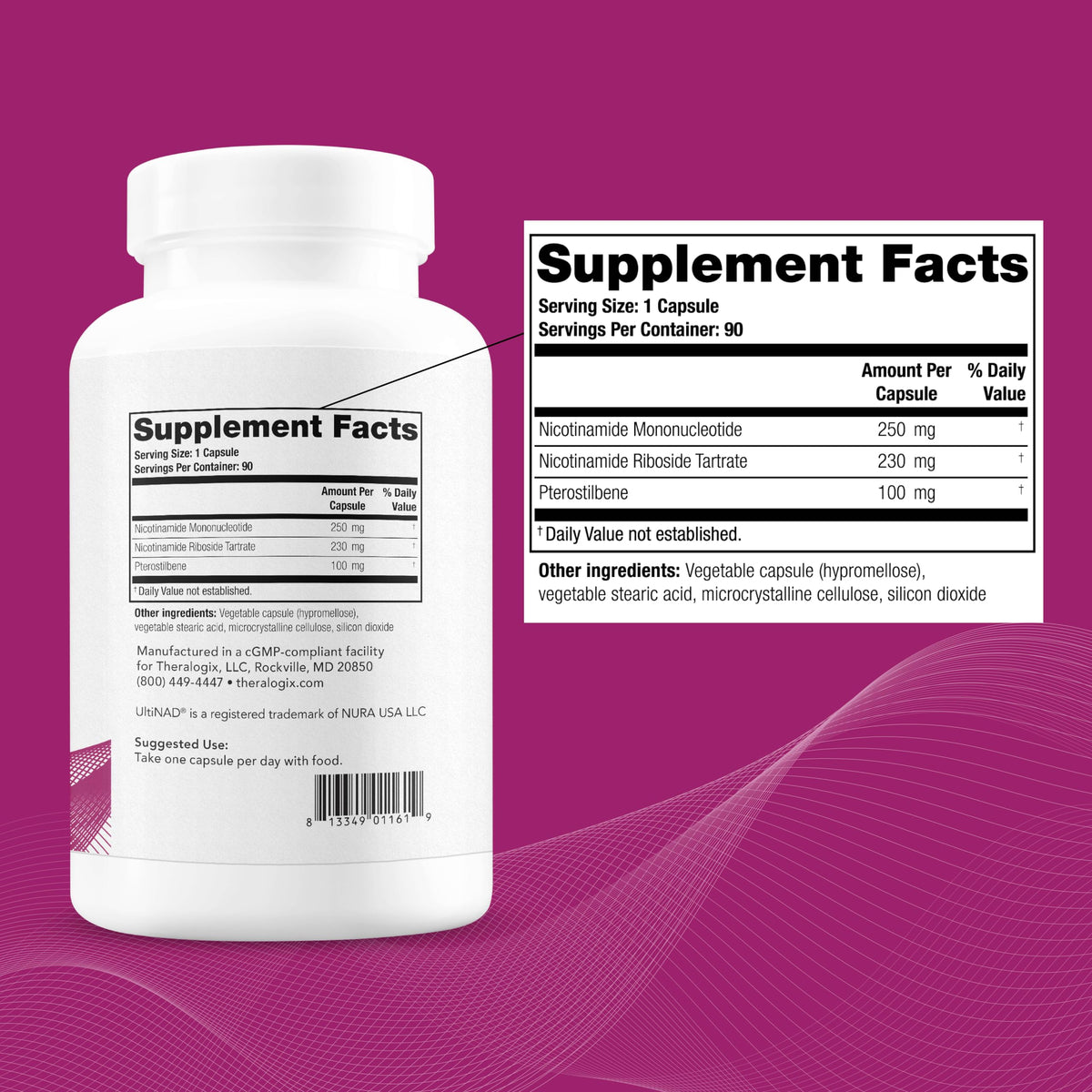 Détail du flacon de Theralogix OvaNAD+ avec capsules