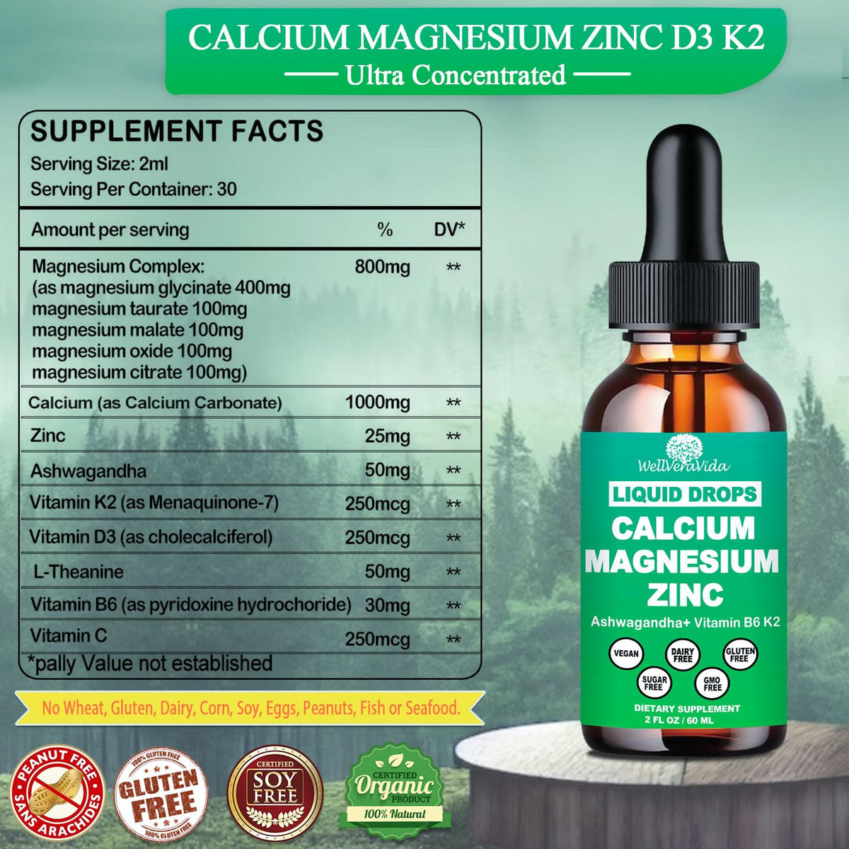Détail du flacon de WellVeraVida Calcium Magnésium Zinc Liquide 1000 mg