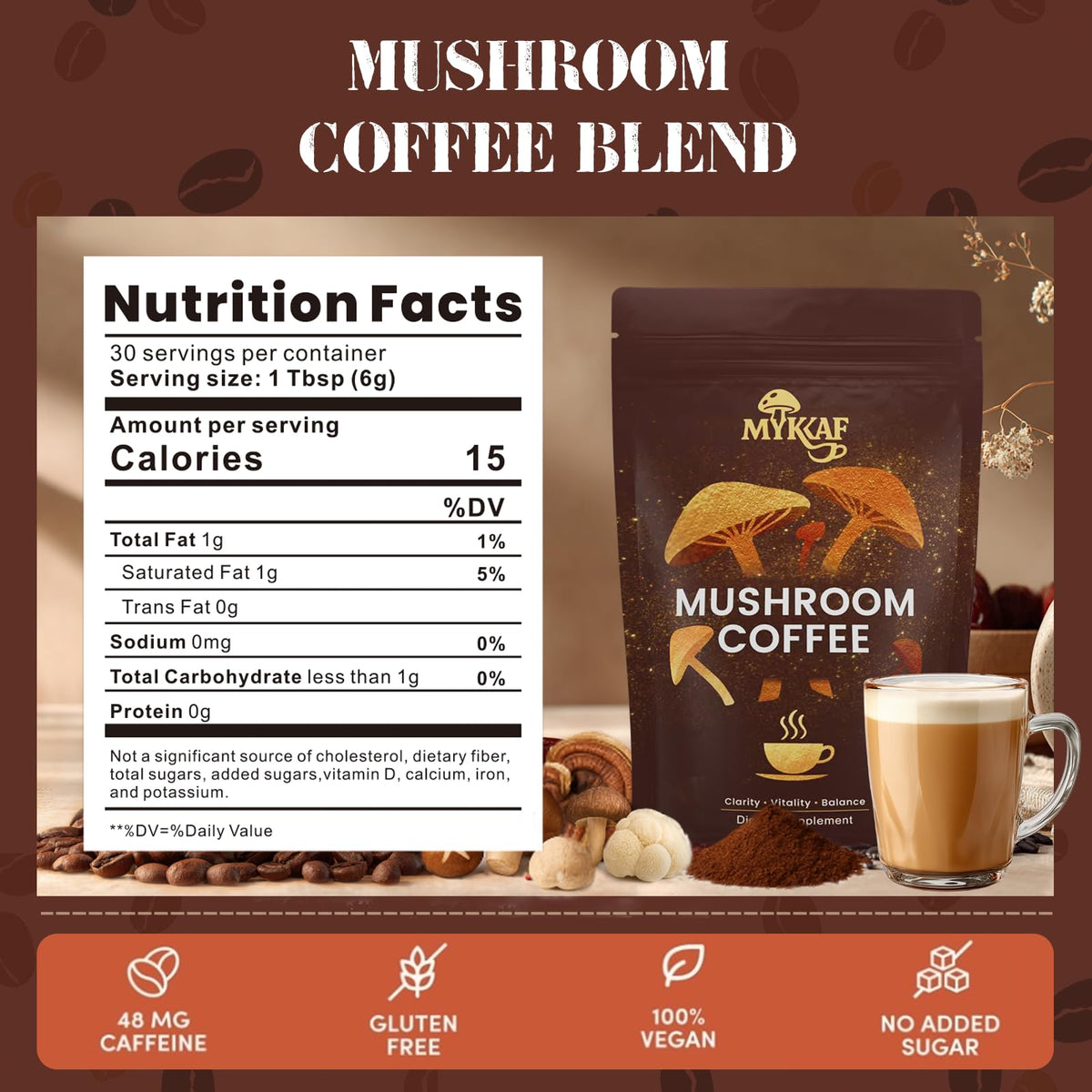 Détail du mélange de café aux champignons MYKAF