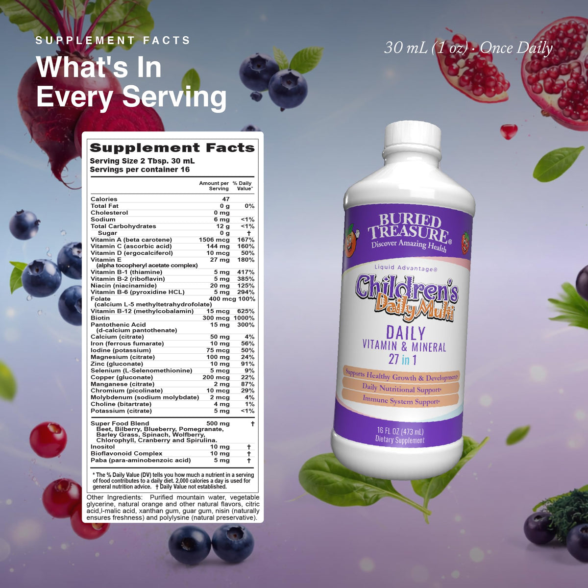 Détail du mélange superfood dans les multivitamines liquides enfants
