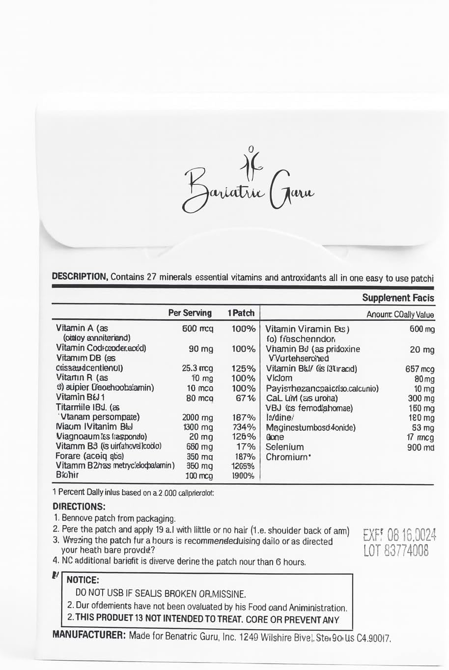 Détail du patch multivitaminé Bariatric Guru sur peau