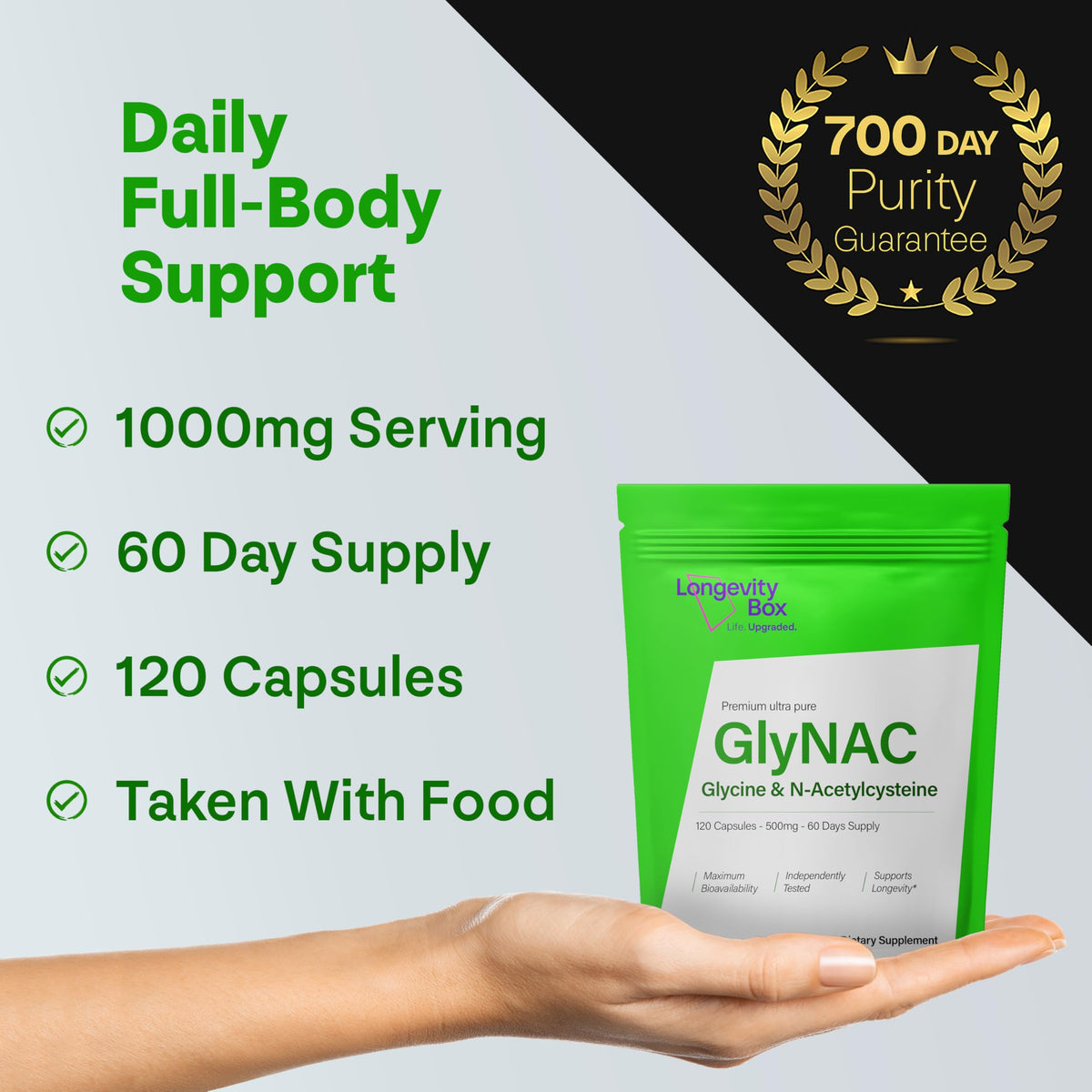 Détail du sachet de GlyNAC avec étiquette et informations nutritionnelles