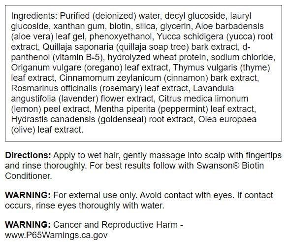 Détail du shampooing Biotine Swanson avec ingrédients visibles