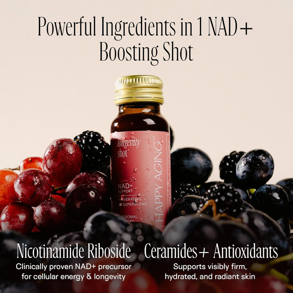 Détail du shot liquide NAD+ Happy Aging, saveur fruits rouges
