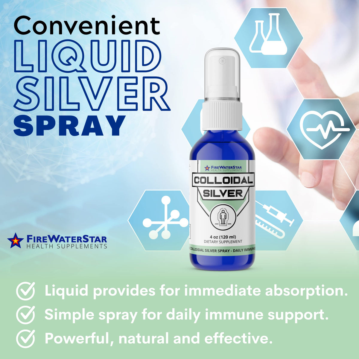 Détail du spray d'argent colloïdal FIREWATERSTAR avec applicateur