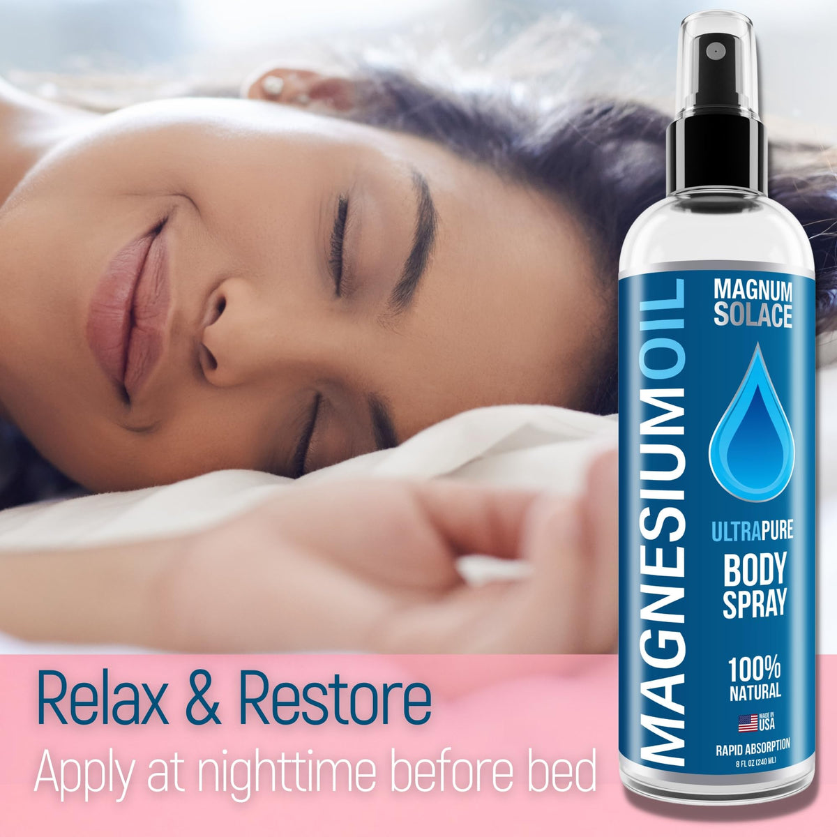 Détail du spray d'huile de magnésium Magnum Solace avec pompe
