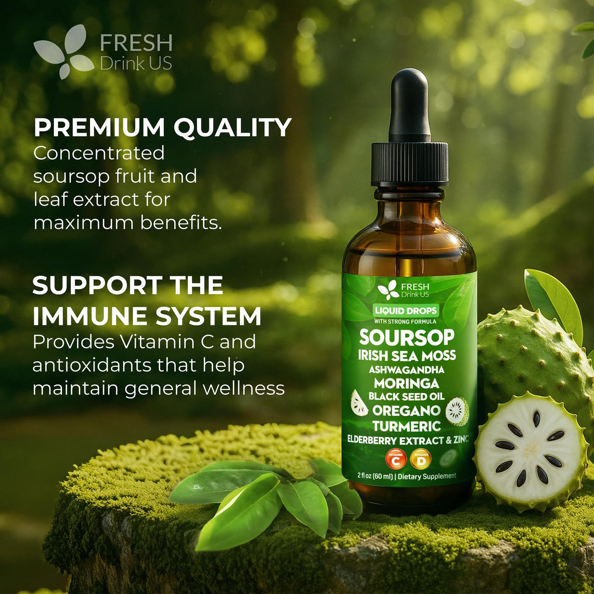 Détail sur le flacon de gouttes FRESHDRINKUS Soursop Bitters