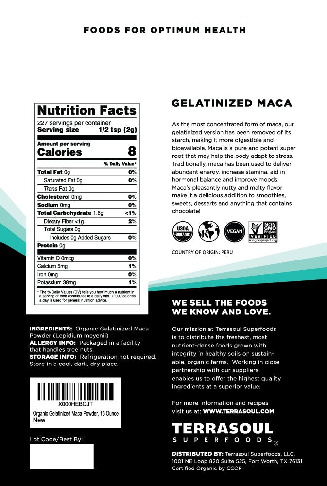 Détail sur le sachet de poudre de maca gelatinisée bio Terrasoul Superfoods