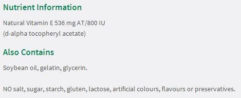 Détails de l'emballage de Jamieson Vitamine E 800 IU