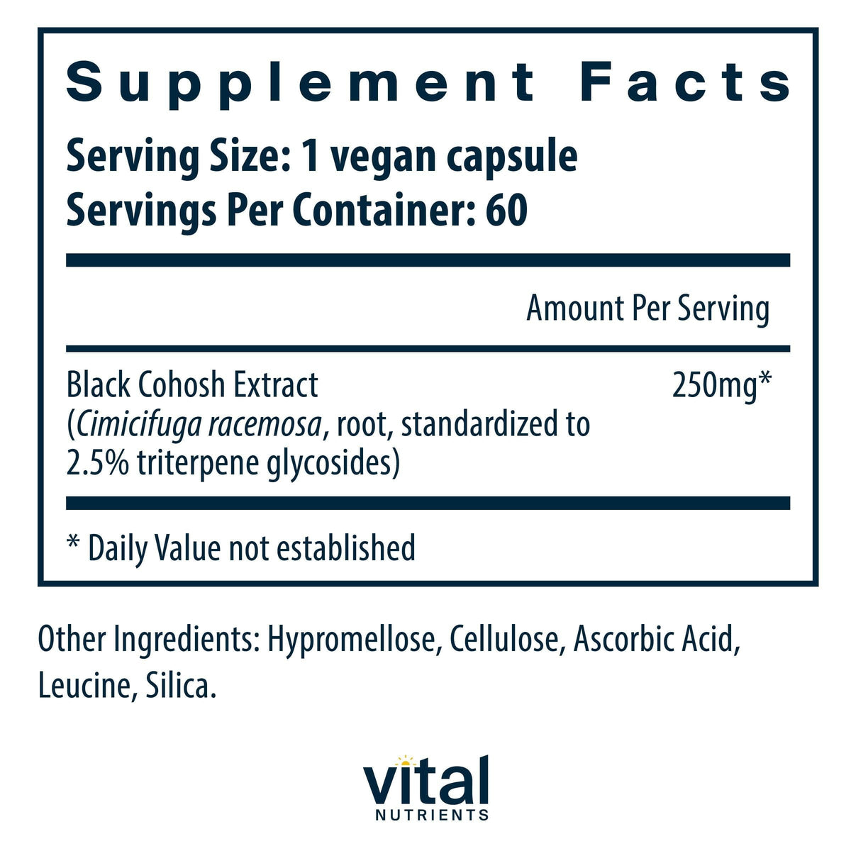 Détails de l'emballage de l'extrait de Actée à Grappes Noires Vital Nutrients