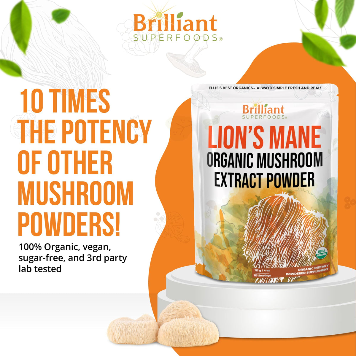 Détails de l'emballage de l'extrait de champignon Lion's Mane bio Ellie's Best