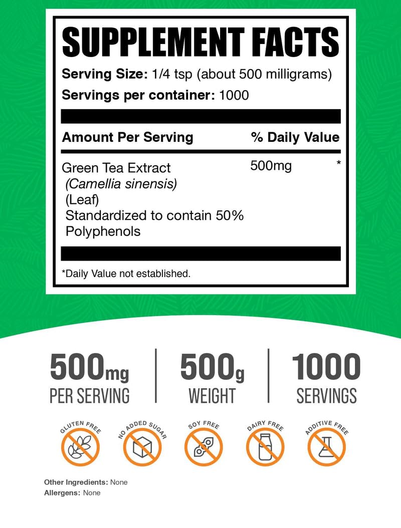 Détails de l'emballage de l'extrait de thé vert BulkSupplements 500g