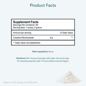 Détails de l'emballage de la créatine monohydrate Bettervits 340g