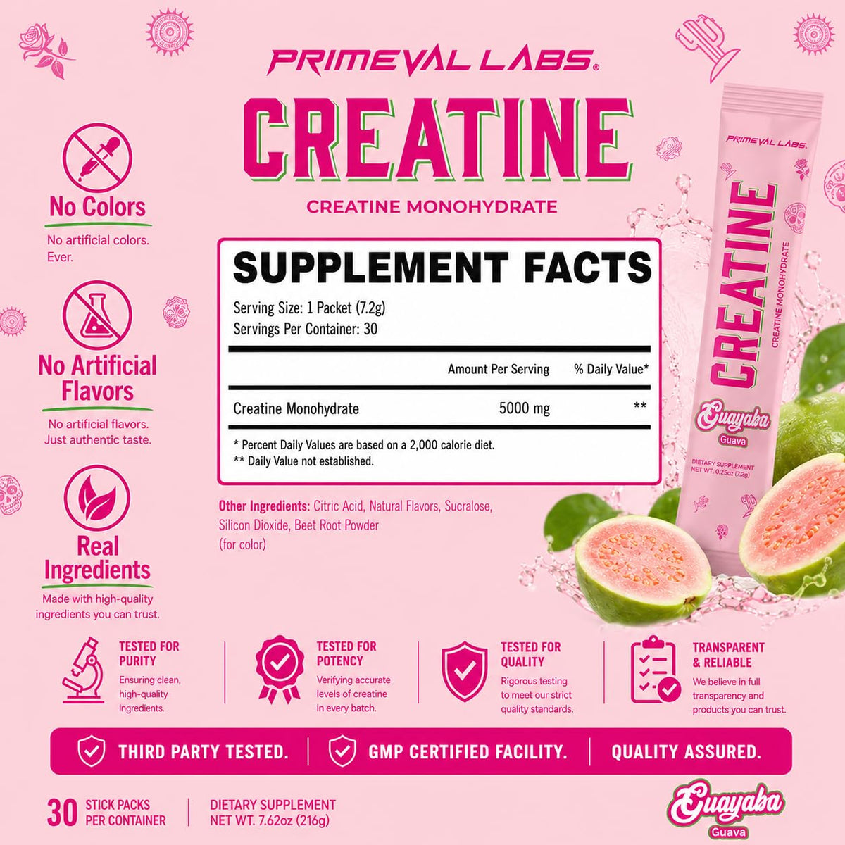 Détails de l'emballage de la créatine monohydrate Primeval Labs