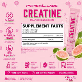 Détails de l'emballage de la créatine monohydrate Primeval Labs