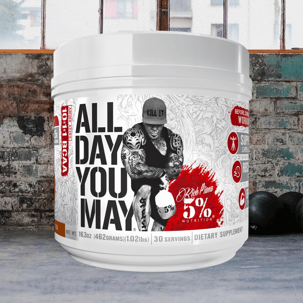 Détails de l'emballage de la poudre BCAA AllDayYouMay 5% Nutrition