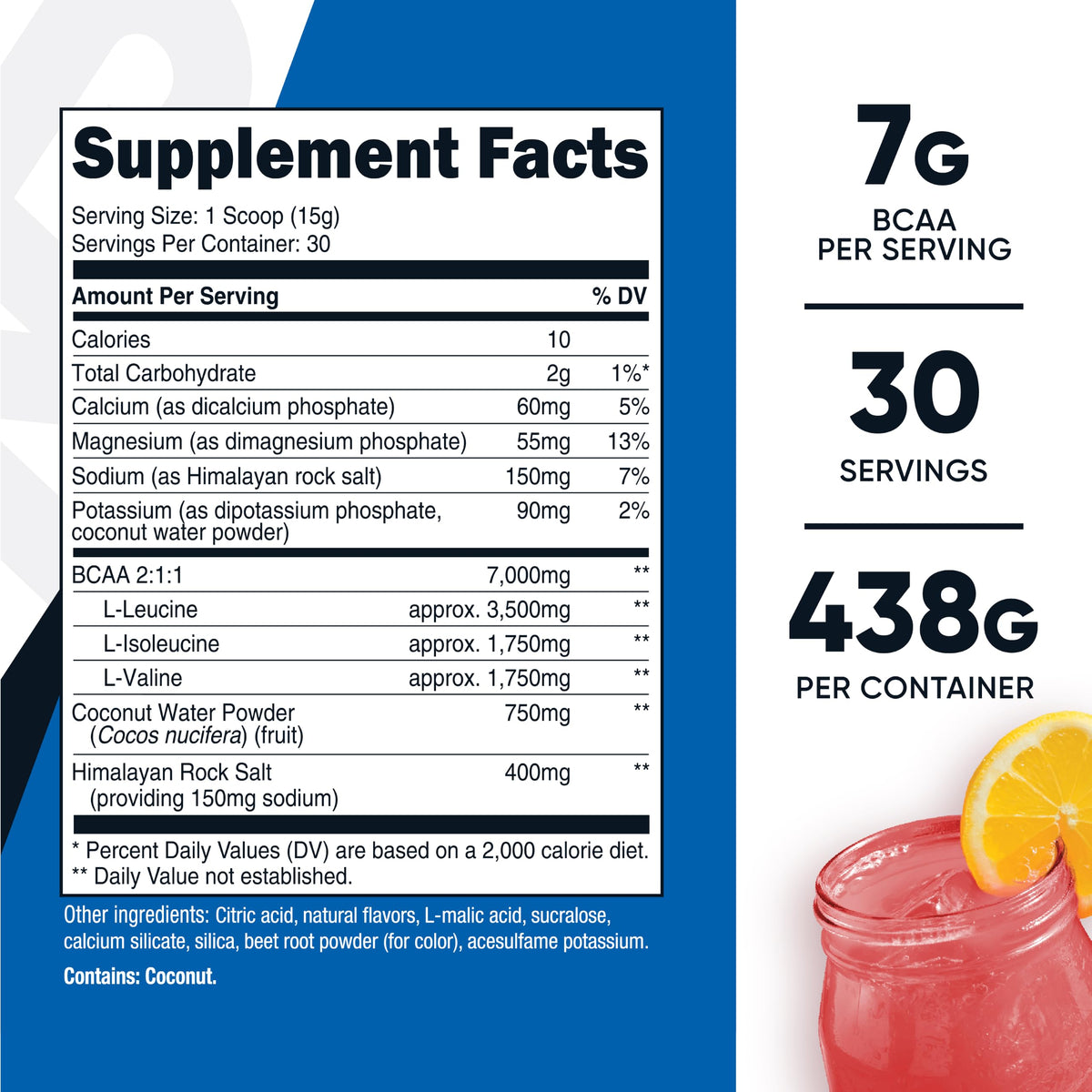Détails de l'emballage de la poudre BCAA + Hydration Nutricost