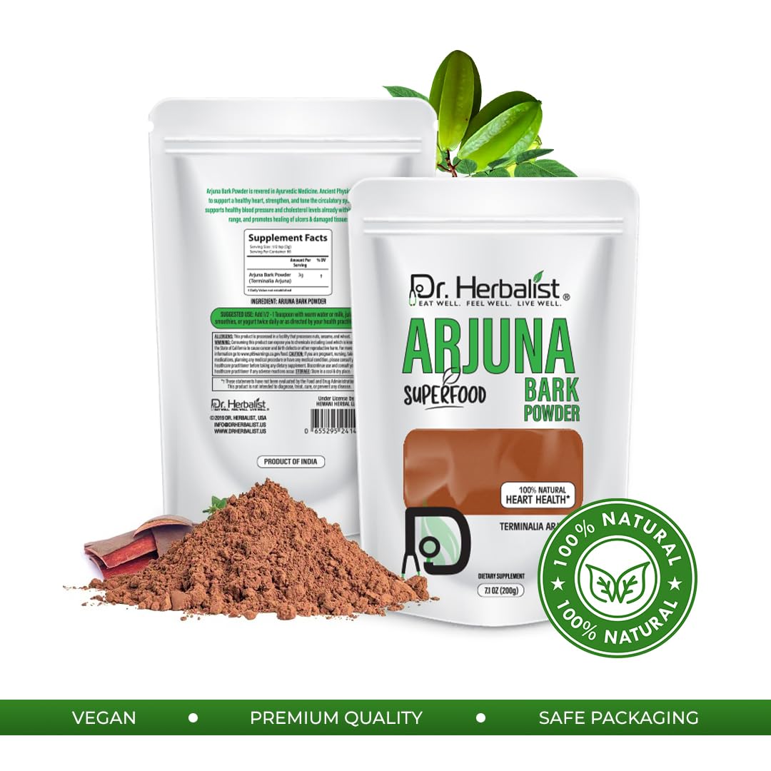Détails de l'emballage de la poudre d'Arjuna Dr. HERBALIST 200g